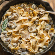 top down of a pan of mushroom stroganoff with thick pasta