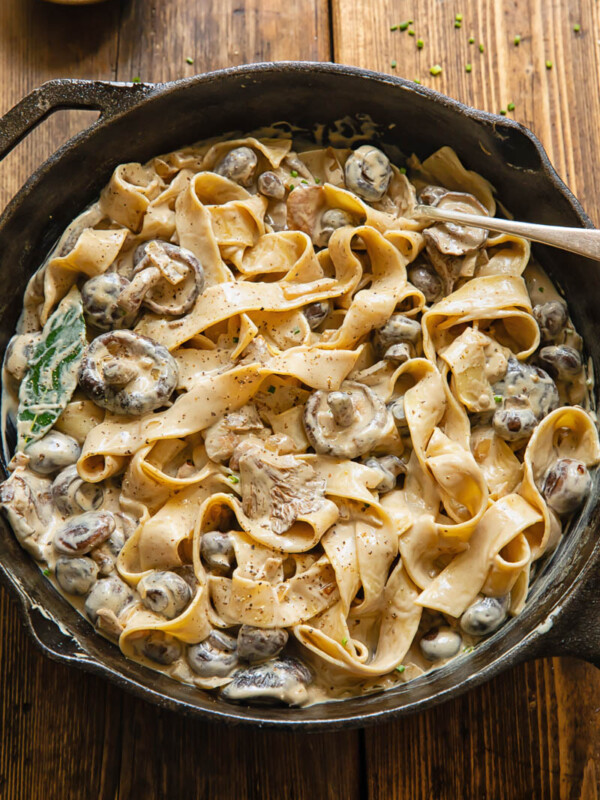 top down of a pan of mushroom stroganoff with thick pasta