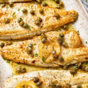 close up of sea bass fillets in brown butter caper sauce
