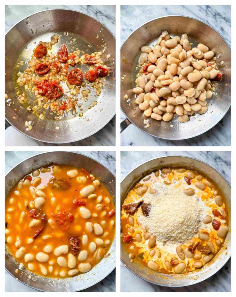 Process shot of sun-dried tomato sauce being combined then cooked with butter beans