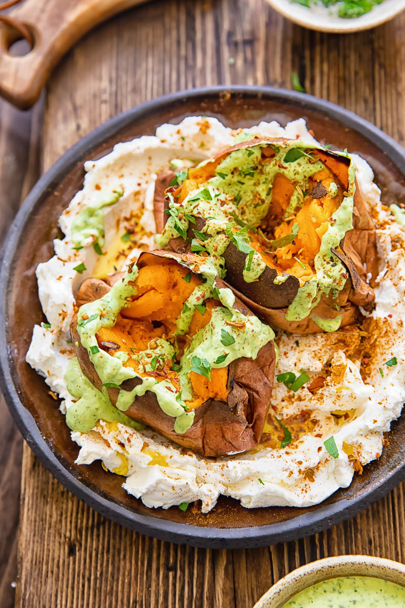 Baked Sweet Potatoes with Garlic Tahini Sauce