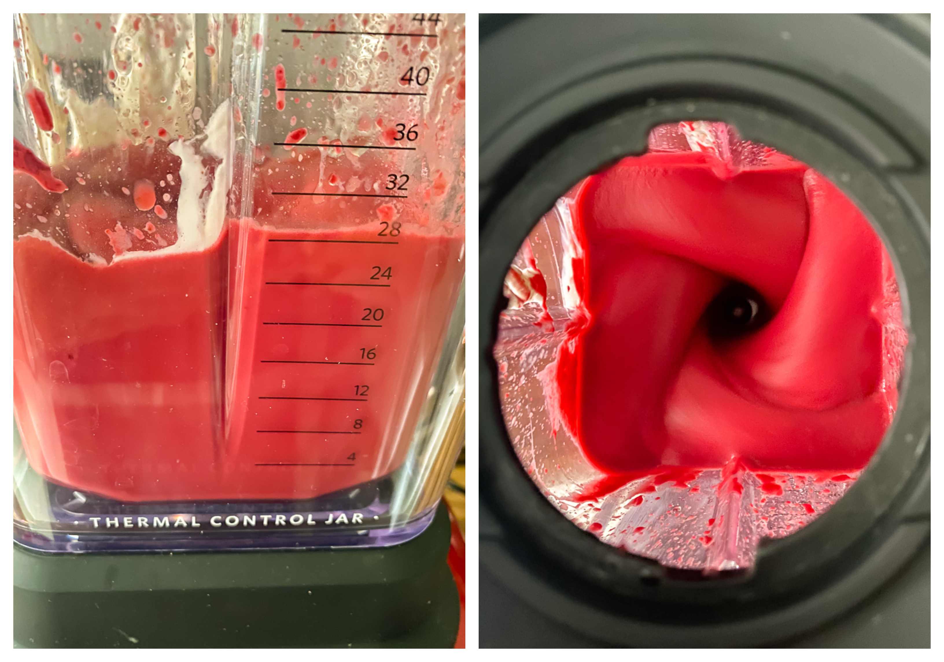 Two images side-by-side showing the process of blending beetroot, yogurt, and other ingredients into a smooth, vibrant dip.