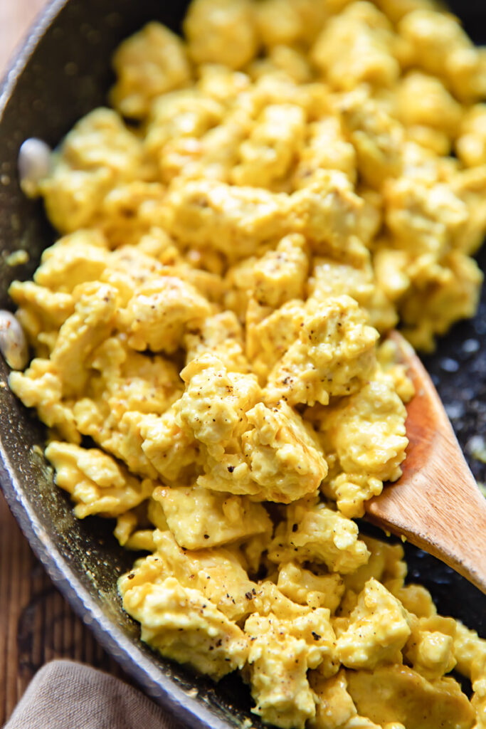 Cooked egg tofu scramble in a pan