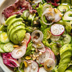 Close up shot of garden salad with radish, cucumber and avocado topped with nuts and seeds