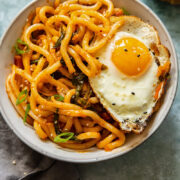 Noodles in a bowl with an egg