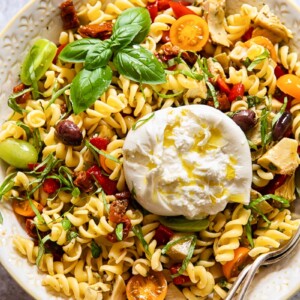 Pasta salad in a bowl with a spoon