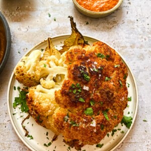 Roasted cauliflower on a plate from the top down