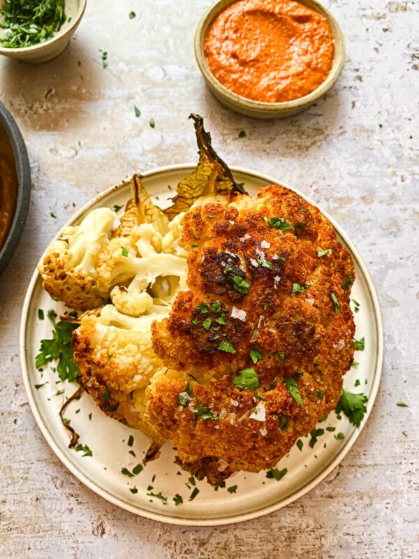 Roasted cauliflower on a plate from the top down