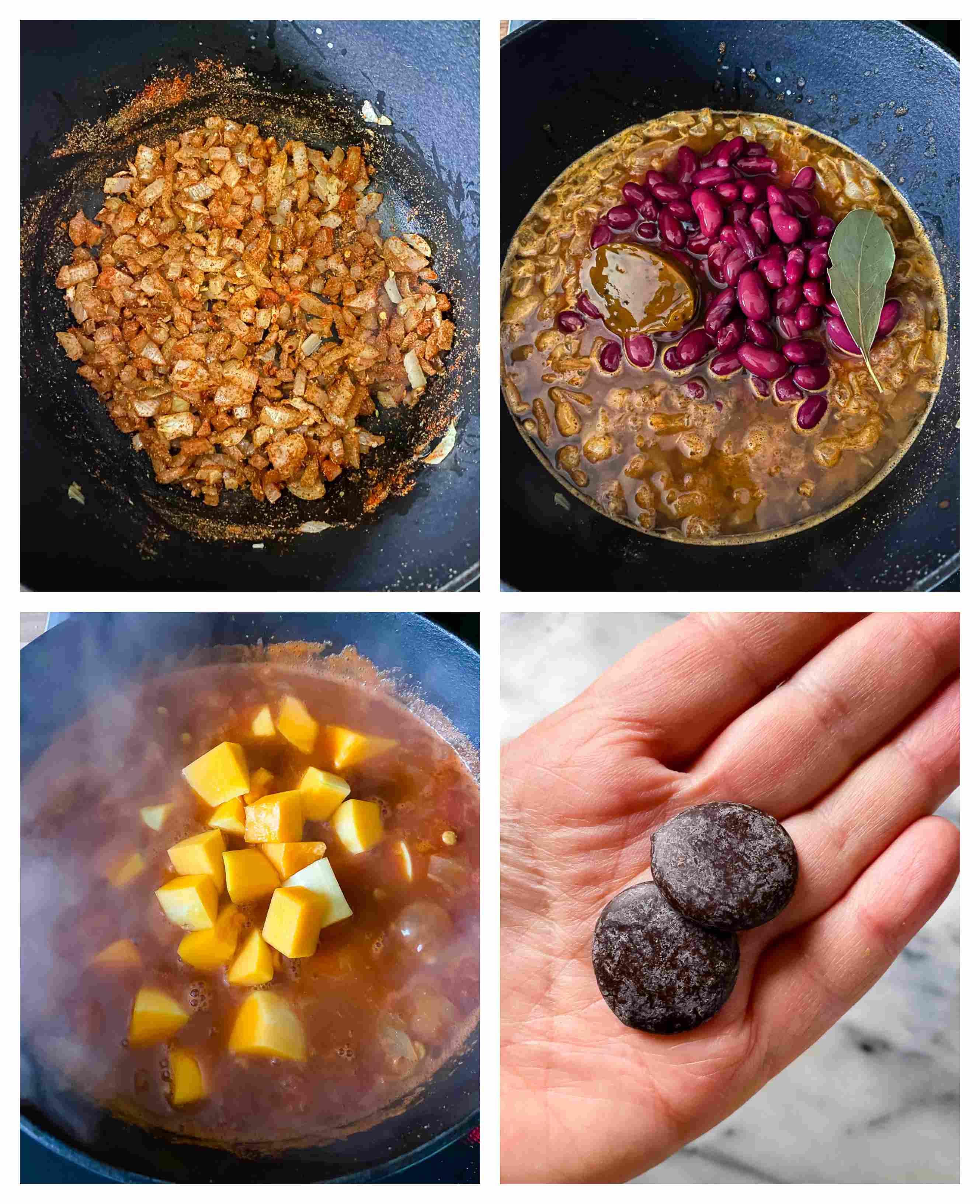 A step-by-step visual guide showing four stages of preparing vegetarian chili ingredients, including chopped vegetables and spices.