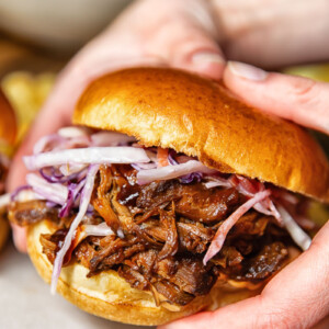 Close up shot of someone holding a pulled pork sandwich with fresh slaw
