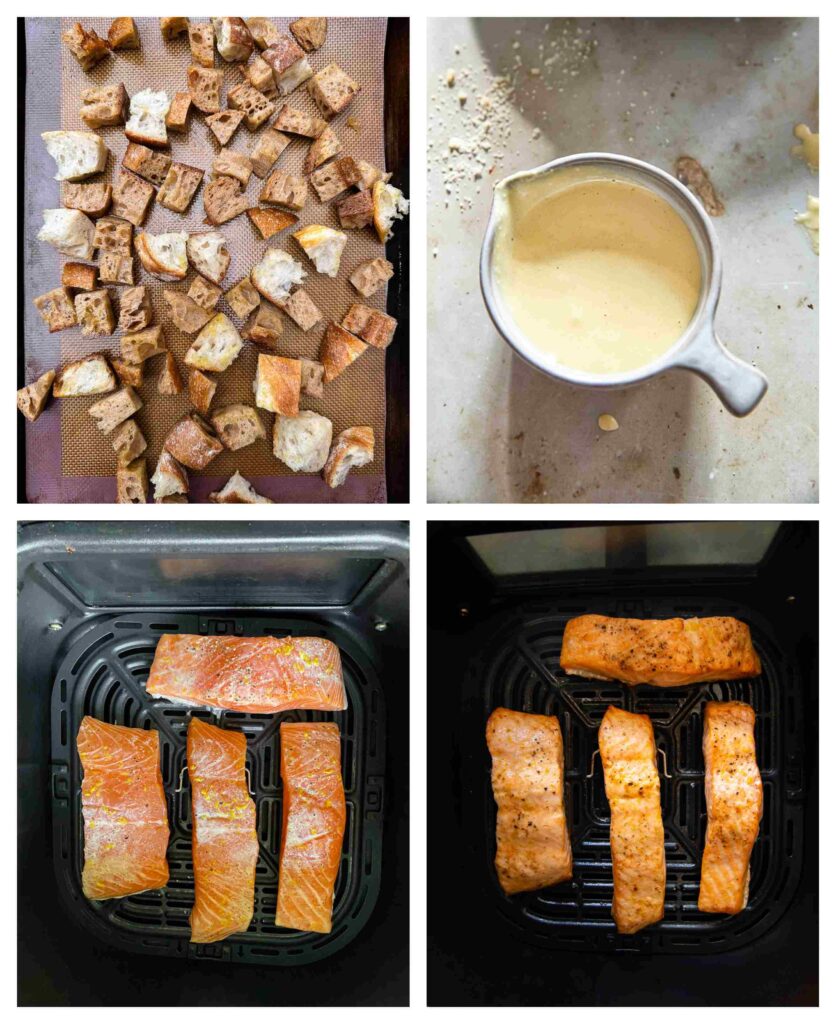 Process shots of croutons being bakes, Caesar dressing in a bowl and salmon being fried