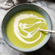 Bowl of soup with cream drizzle