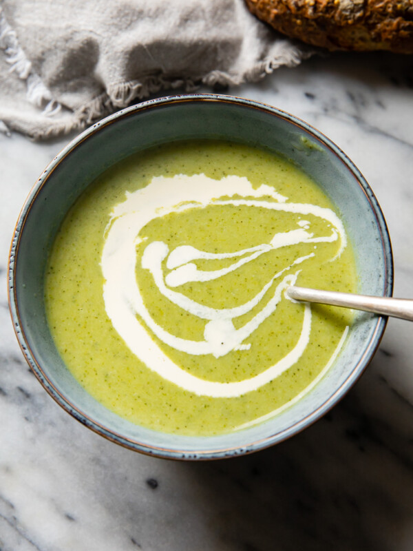Bowl of soup with cream drizzle