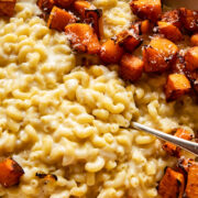 Close up of macaroni and cheese with butternut squash