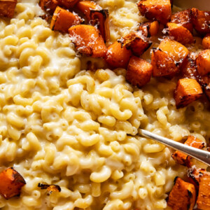 Close up of macaroni and cheese with butternut squash