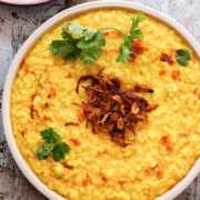 Bowl of moong dal with garnish