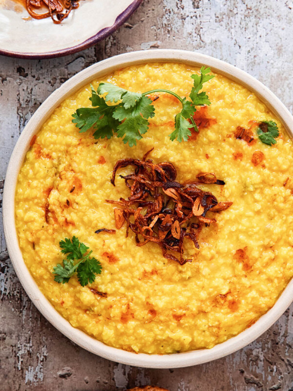 Bowl of moong dal with garnish