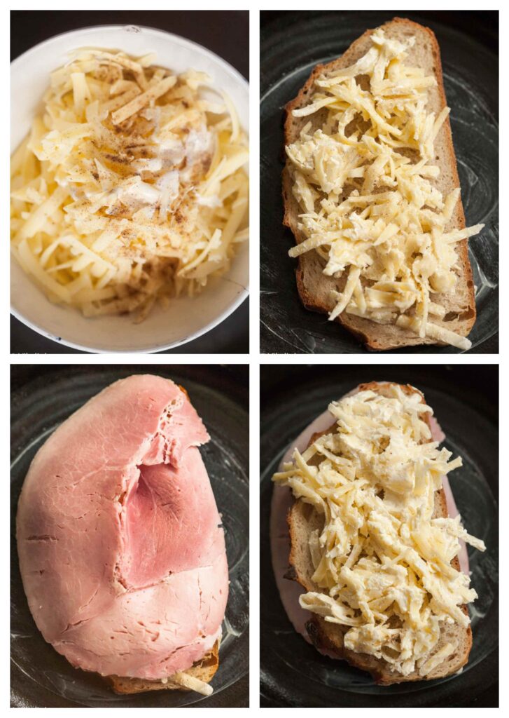 four process shots showing how to make and layer the sandwich