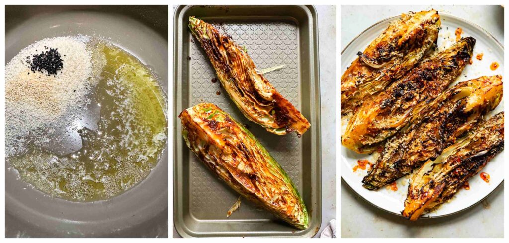 Process shots of cabbage being marinated then roasted