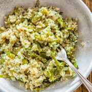 Close up of a small bowl with risotto and a fork
