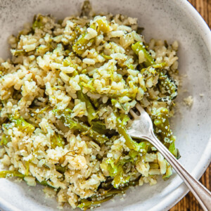 Close up of a small bowl with risotto and a fork
