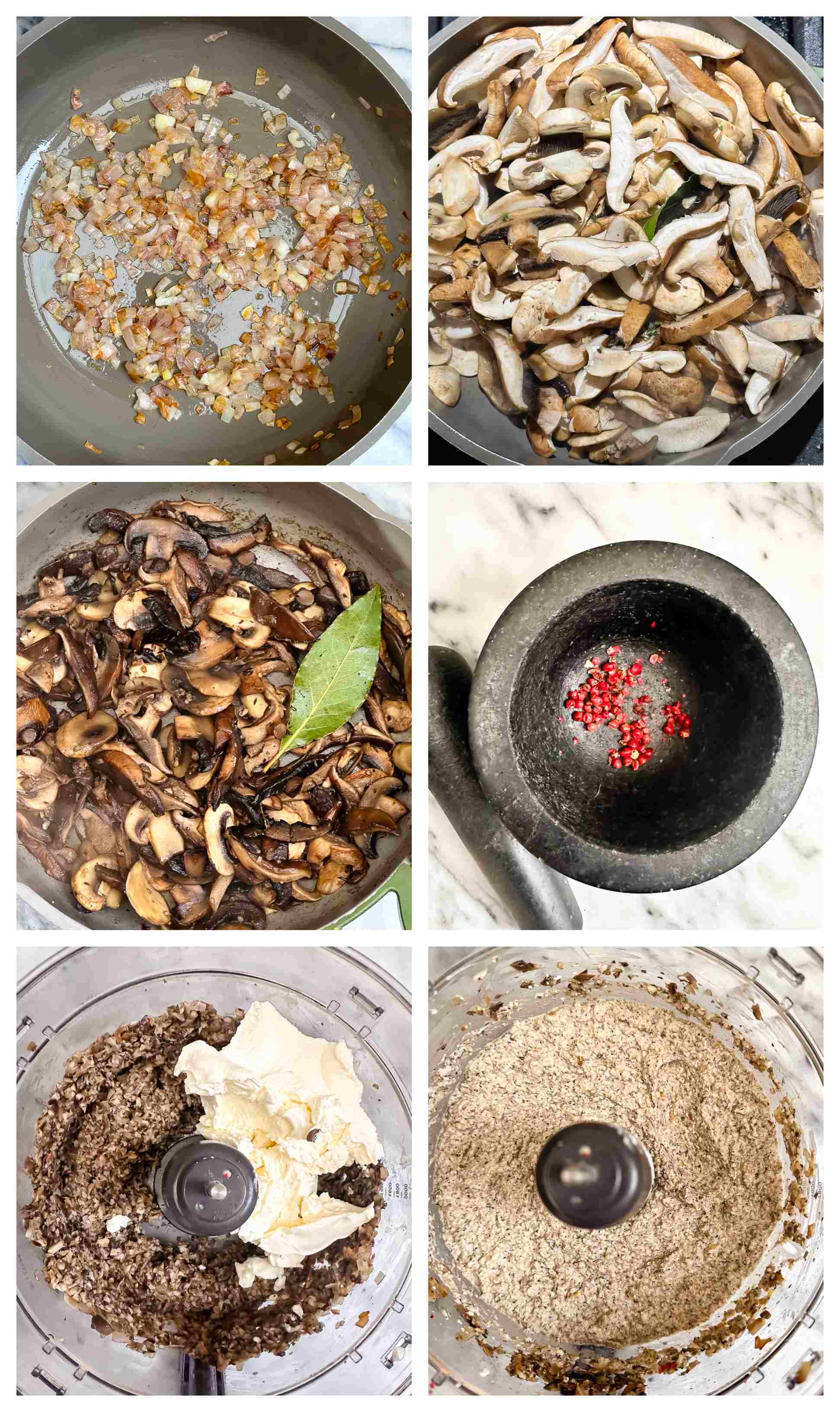 Process shots showing mixed mushrooms being blended with herbs and spices in a food processor to create a smooth pâté texture.