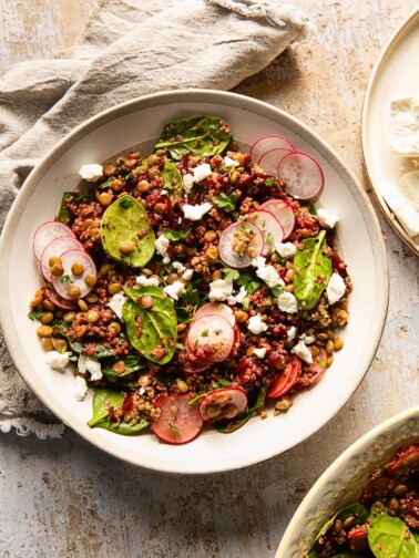 Top down of quinoa salad with lentils and beets