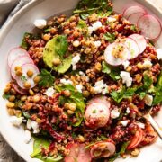 Close up of quinoa salad with lentils and beets