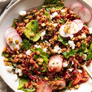Close up of quinoa salad with lentils and beets