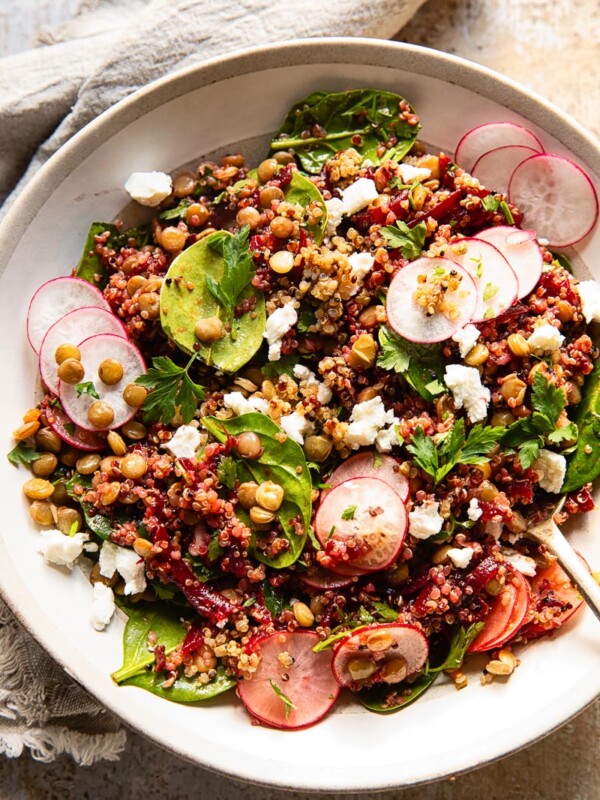 Close up of quinoa salad with lentils and beets
