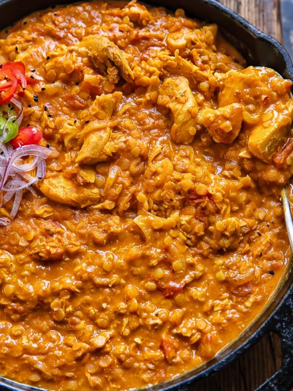 Top down shot of turkey and lentil curry in a wide pan
