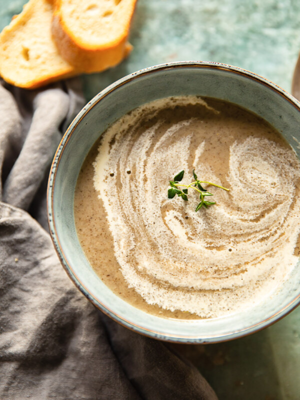 top down of vegan cream of mushroom soup in a bowl