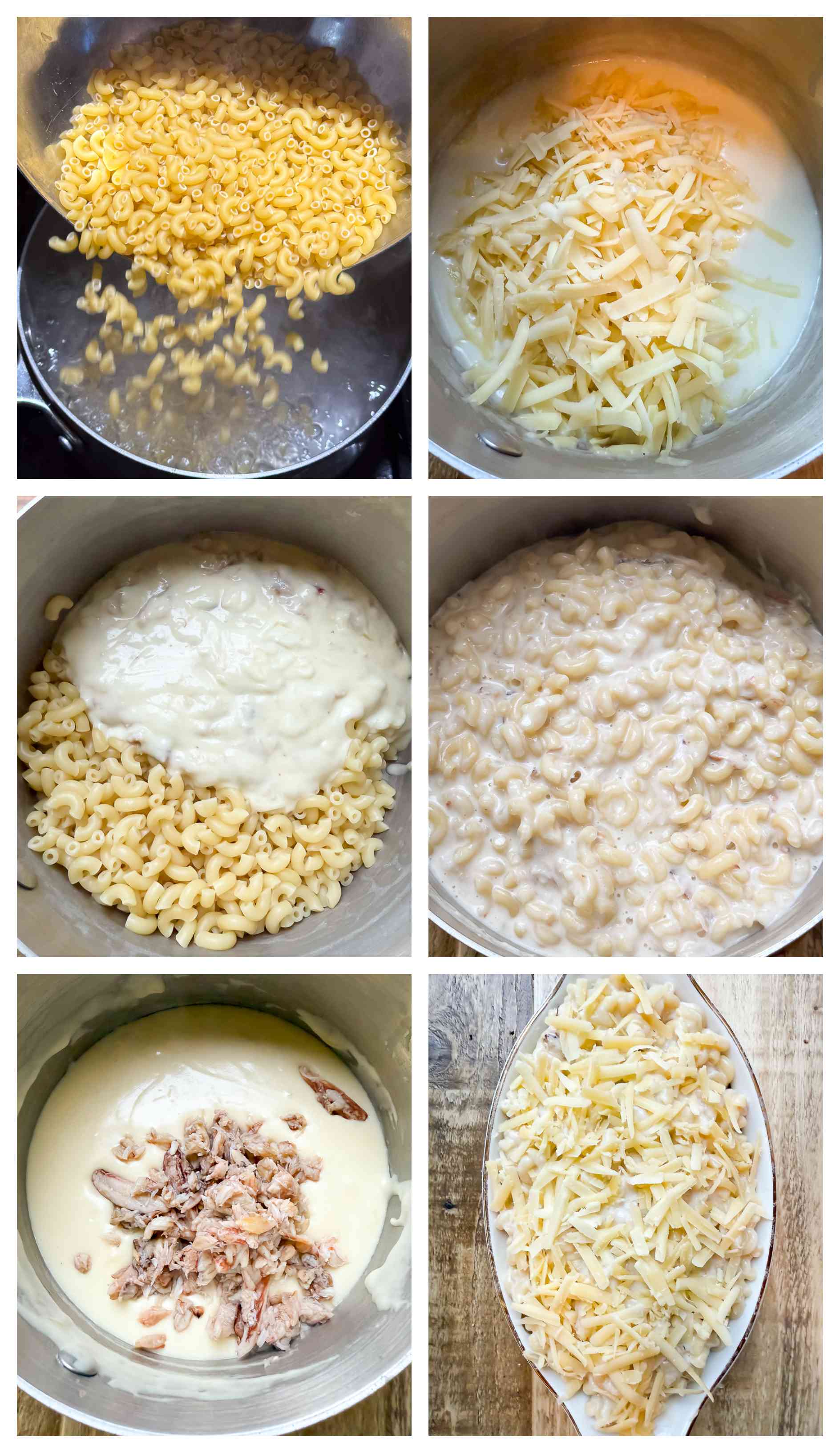 Process shots of cheese sauce, pasta and crab being cooked then combined in a baking dish