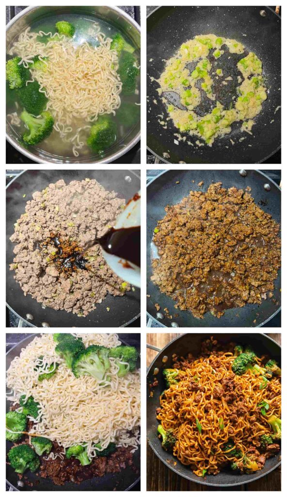 Process shots of meat and veg being cooked and stir fried with noodles and gochujang sauce