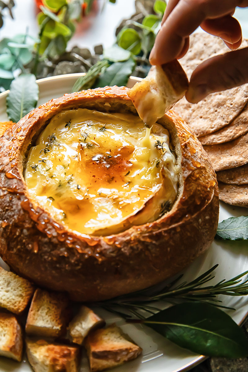 Hot Honey Baked Camembert in Bread Bowl
