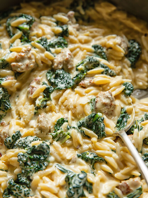 Close up shot of italian sausage and kale orzo with a spoon