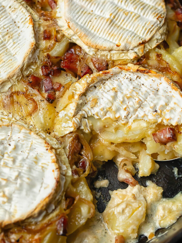 Top down shot of Tartiflette in a cast iron pan