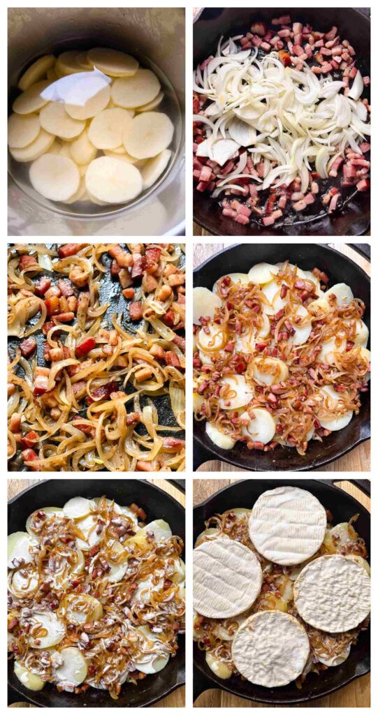 Process shots of potatoes, onions and bacon being prepped before baked with Camembert
