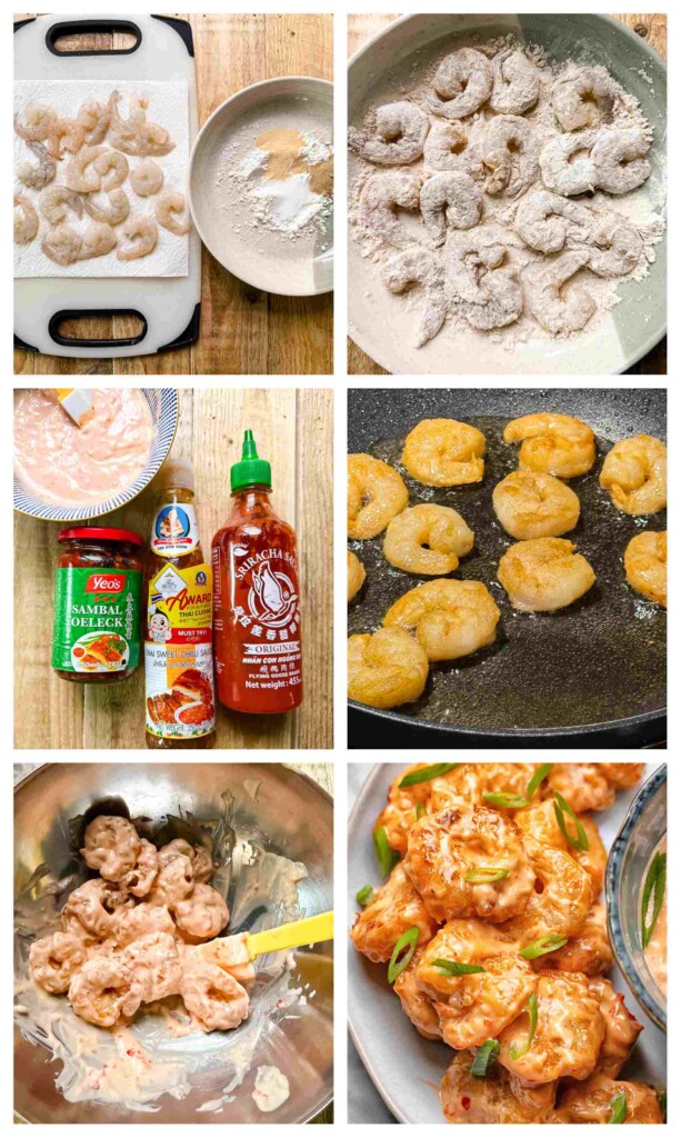 Process shots of shrimp being battered and fried and spicy mayo being made