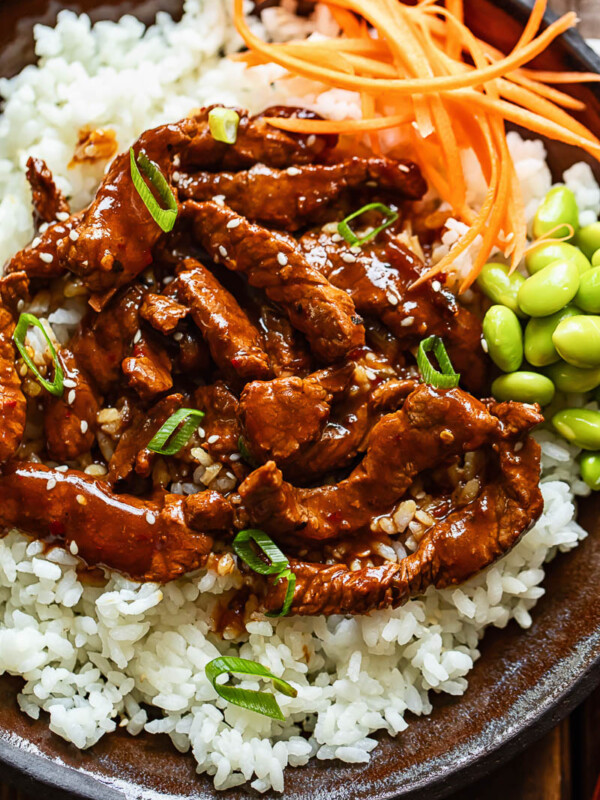 Close up shot of beef teriyaki on a bed of rice with sliced carrot and green onions