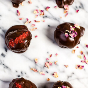 top down view of 6 chocolate cake truffles