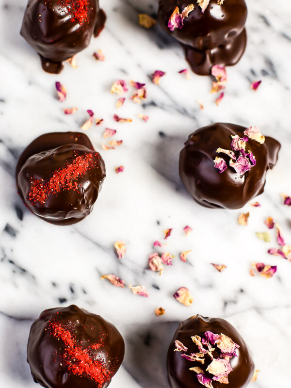 top down view of 6 chocolate cake truffles