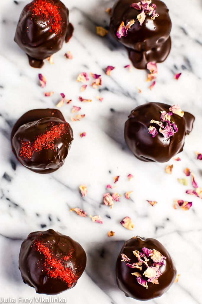 top down view of 6 chocolate cake truffles