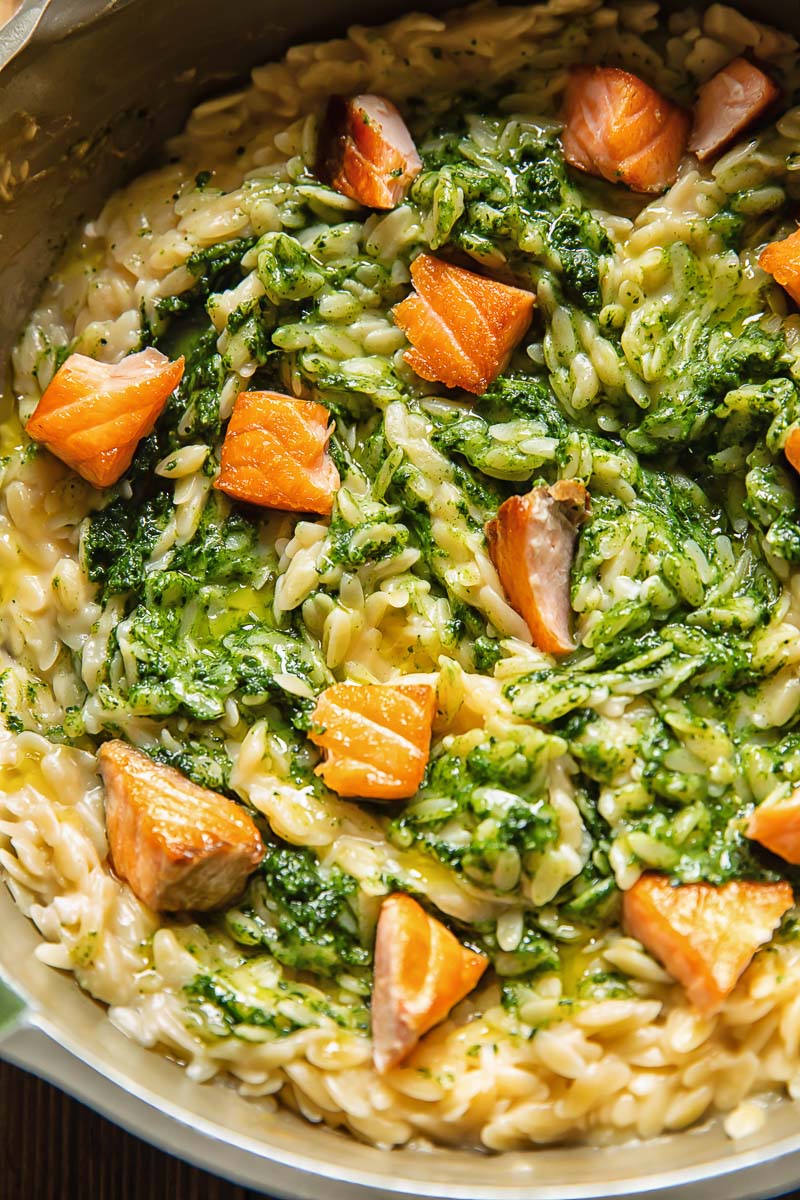 Salmon Orzo with Tuscan Kale Pesto