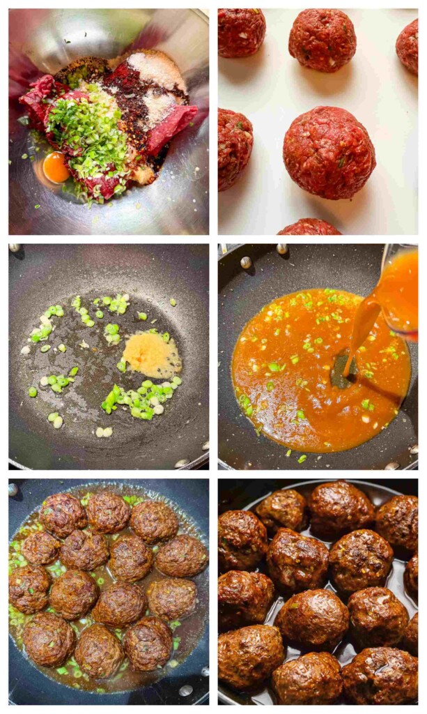 Process shots of meatballs being mixed and rolled before cooked with teriyaki sauce
