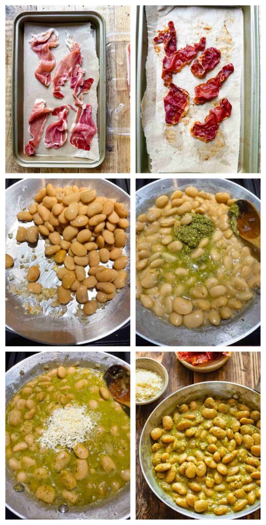 Process shots prosciutto and butter beans being prepared before cooked in pan with creamy pesto sauce