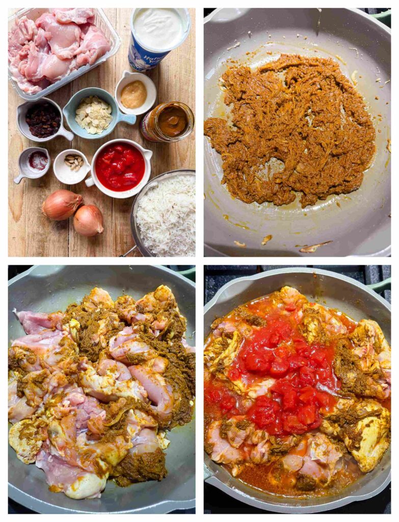 Process shots of chicken and onions with all spices and sauces needed