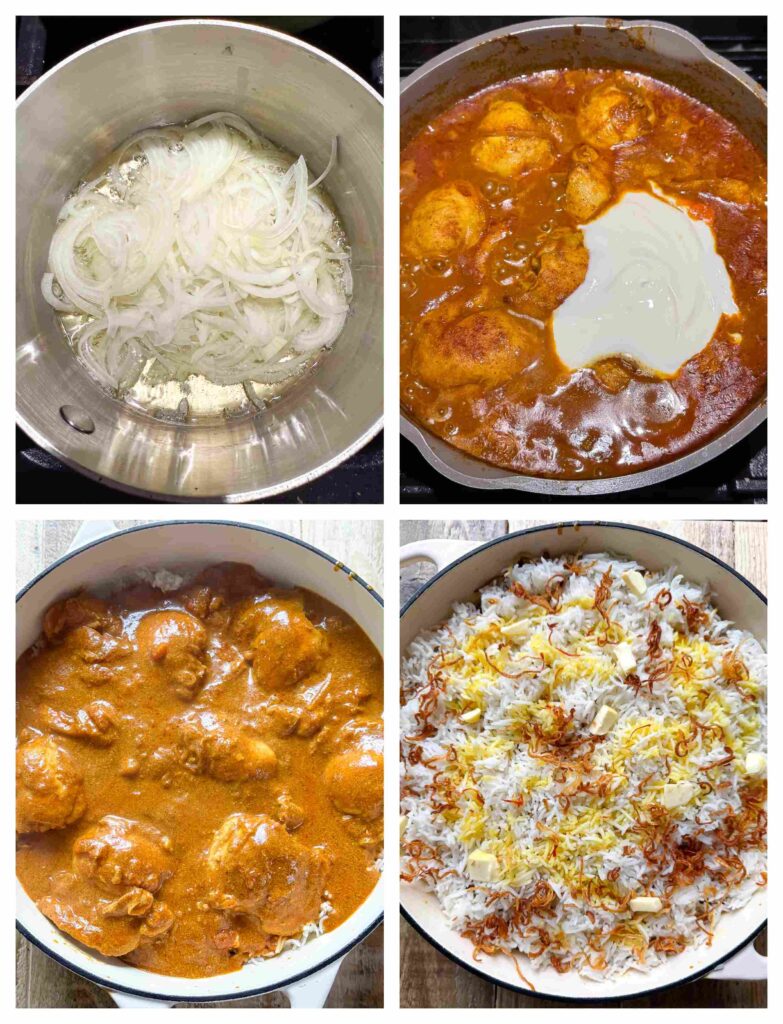 Process shots of onions and chicken being prepared before cooked with rice in a large pan