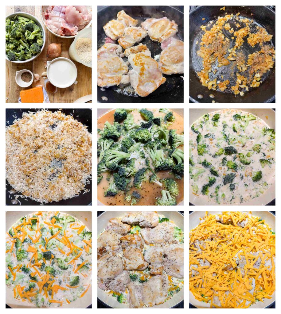 Process shots of ingredients being prepared before seared in a pan and cooked into casserole