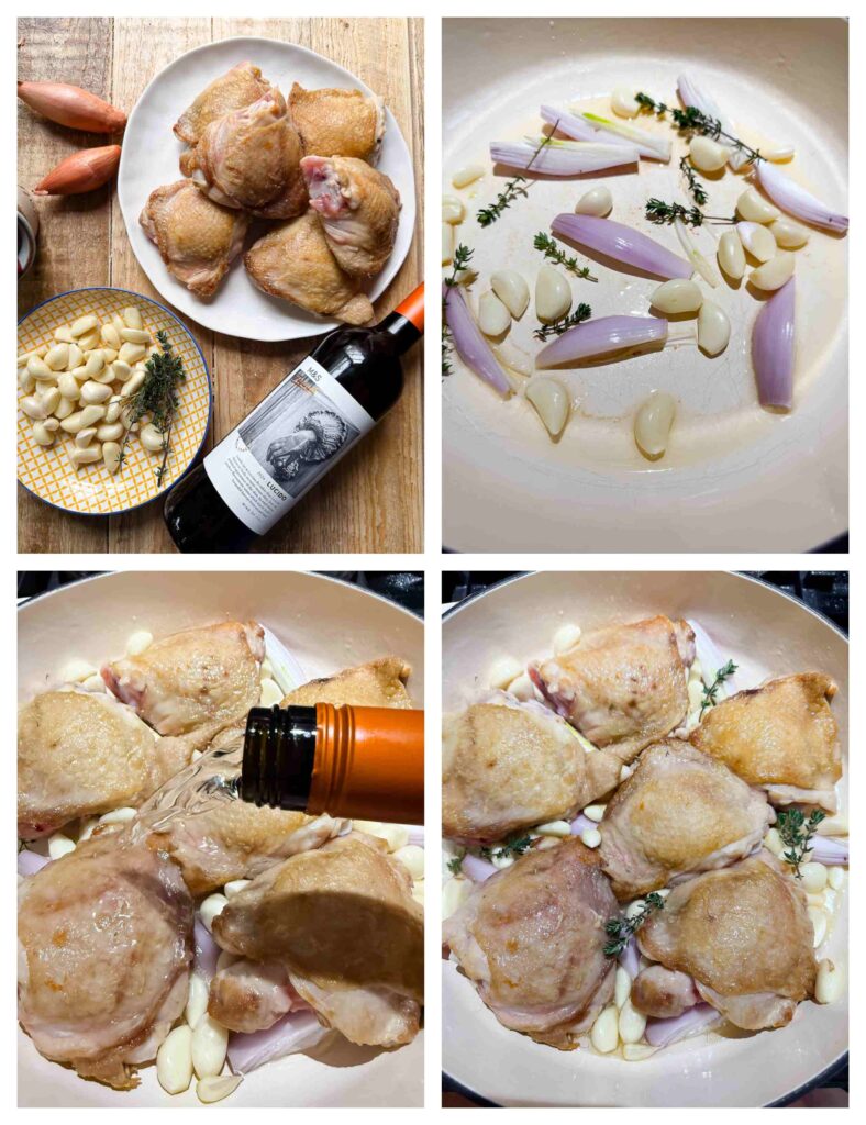 Process shots of chicken, garlic and shallots being cooked in a pan with white wine sauce